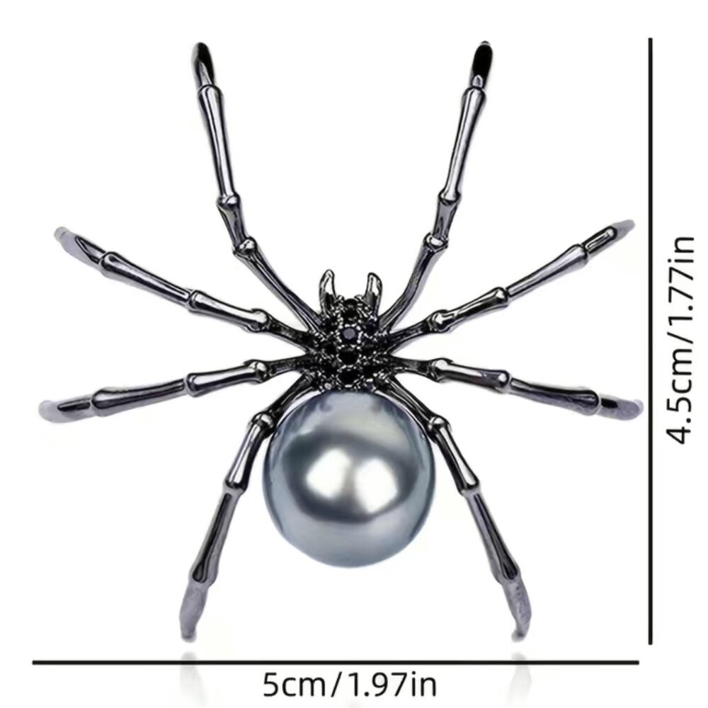 Gunmetal Silvertone Gray Black Spider Pin Brooch Gothic Halloween Faux Pearl - Picture 5 of 6